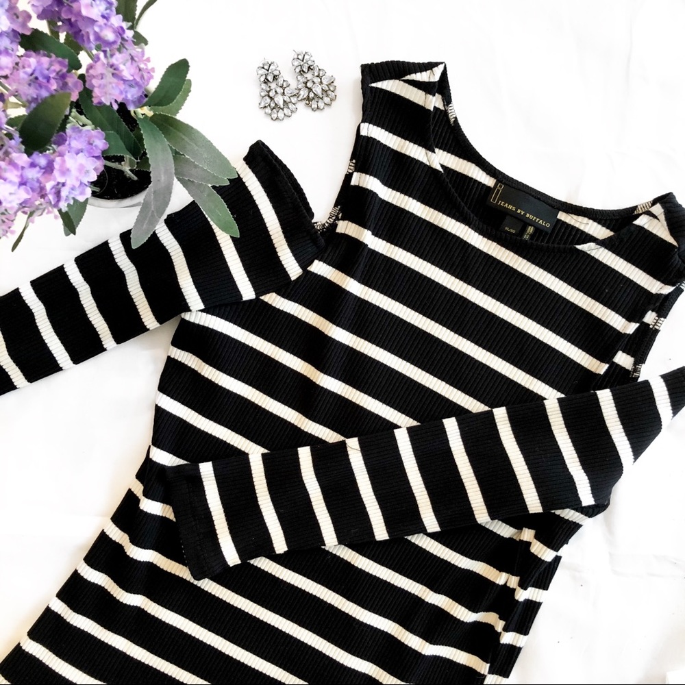 Black and White Striped Cold-Shoulder Top
